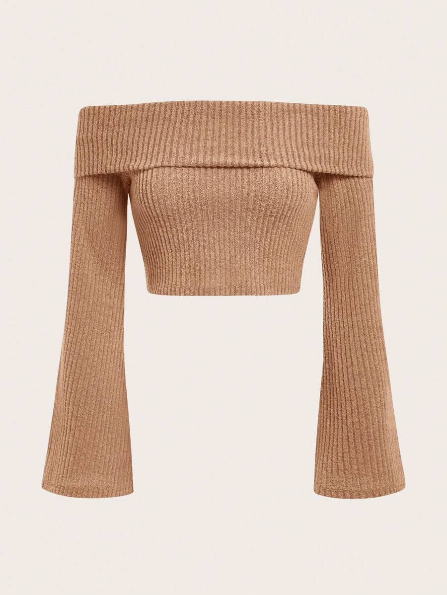 SHEIN EZwear Áo thun hở vai mùa xuân - Màu be - Xem 1