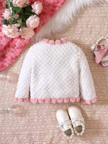 Đứa bé gái Viền tương phản Nút phía trước áo - trắng - Xem 2