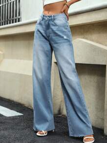 SHEIN Essnce Jeans de pierna ancha - Lavado ligero - Ver 4