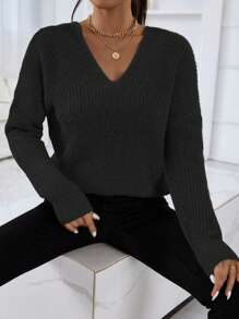 EMERY ROSE Jersey de cuello V de hombros caídos - Negro - Ver 4