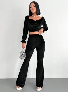 RueChic Sweetheart Neck Ruched Crop Top & Flare Leg Pants - Black - View 2