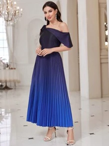 Modelyn Vestido de cuello asimétrico bajo fruncido - Azul Marino - Ver 3