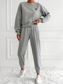 EURMUSE Heart Embroidery Drop Shoulder Sweatshirt & Sweatpants - Light Grey - View 3
