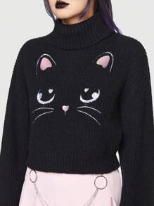 ROMWE Kawaii 卡通貓樣式高領落肩袖套頭毛衣 - 黑色 - 查看 5
