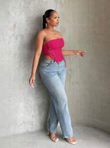 SHEIN SXY Lace Up Front Bandana Hem Tube Top - Hot Pink - View 4