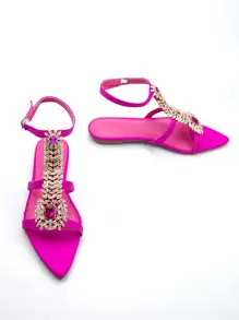 Sandalias planas de fiesta con punta puntiaguda, decoración de cadena con strass y hebilla, de licra, para mujer, elegantes, para San Valentín, primavera y verano - Rosa Fucsia - Ver 3