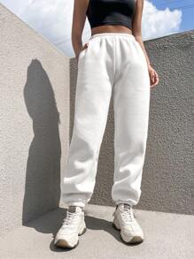 SHEIN Unity Solid Slant Pocket Sweatpants - White - View 4