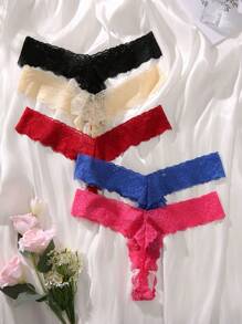 5pack Floral Lace Scallop Trim Thong - Multicolor - View 2