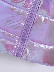 Tween Girl Mid-Length Padded Coat With Hood, Collar And Shiny Fabric, Adjustable Waist Fall Winter - Lilac Purple - View 5