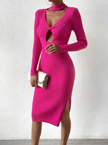 Chiquease Cut Out Front Split Thigh Sweater Dress - Hot Pink - View 3