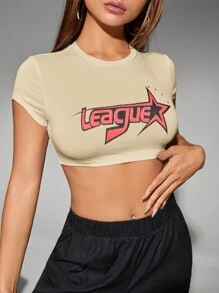 SHEIN ICON 星星&字母圖案短款上衣 - 杏色 - 查看 1