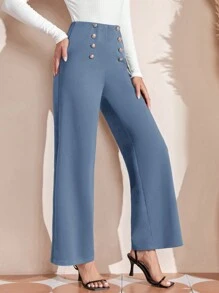 EMERY ROSE High Waist Button Detail Wide Leg Pants - Dusty Blue - View 5