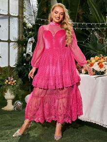 Glamaker Hơn Lưới tương phản Tay áo lồng đèn Xù Hoa Sen Đầm - Màu Hồng Tươi - Xem 5