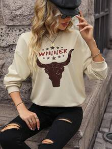 SHEIN LUNE 字母圖案落肩袖運動衫 - 杏色 - 查看 8