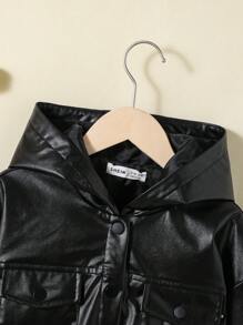 SHEIN Tween Girl Flap Pocket Hooded PU Leather Jacket - Black - View 3