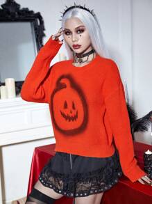 PUNK Áo len chui đầu vai rớt họa tiết Halloween, thích hợp cho mùa thu đông. - trái cam - Xem 5