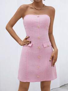 SHEIN Privé Vestido tubo con botón delantero con diseño de solapa - Rosa - Ver 3