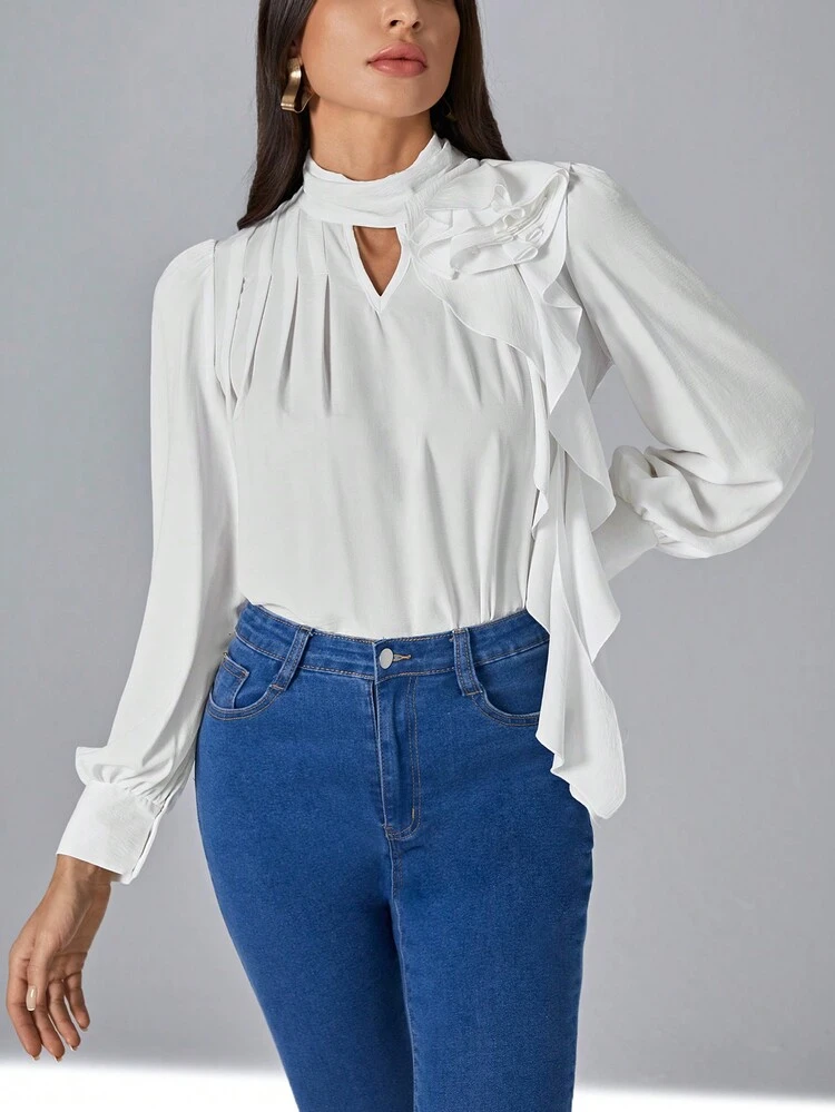 Keyhole Neck Ruffle Trim Blouse