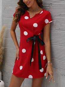 SHEIN LUNE Polka Dot Print Knot Side Notched Neckline Dress - Multicolor - View 3