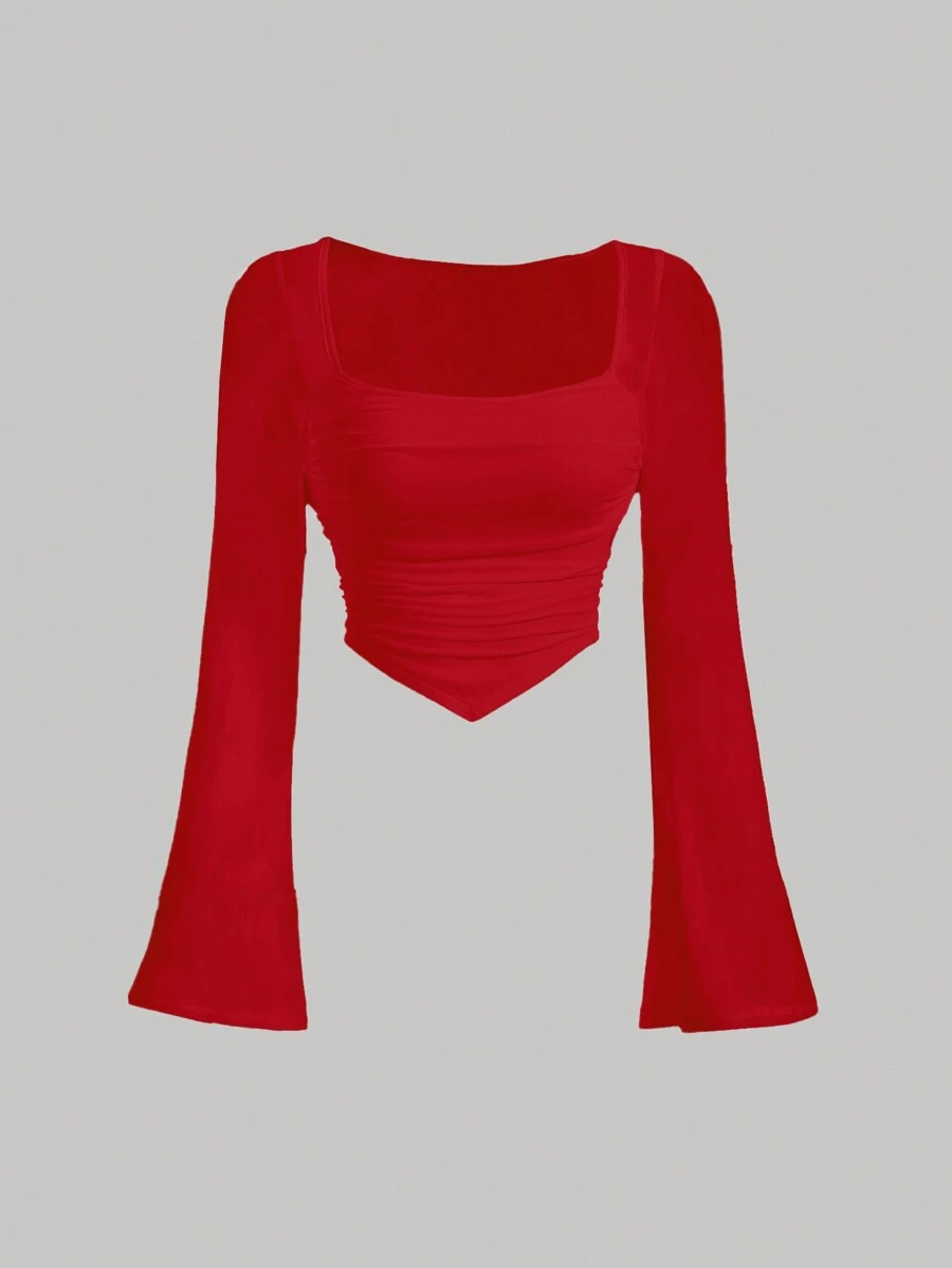 SHEIN MOD Red Top Date Night Tops Going Out Tops Square Neck Flare Sleeve Ruched Hanky Hem Tee