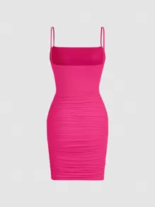 SHEIN MOD 素色褶邊網紗吊帶洋裝 - 玫紅色 - 查看 2