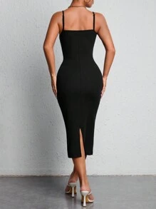 SHEIN PETITE Star Print Contrast Lace Cami Dress - Black - View 2