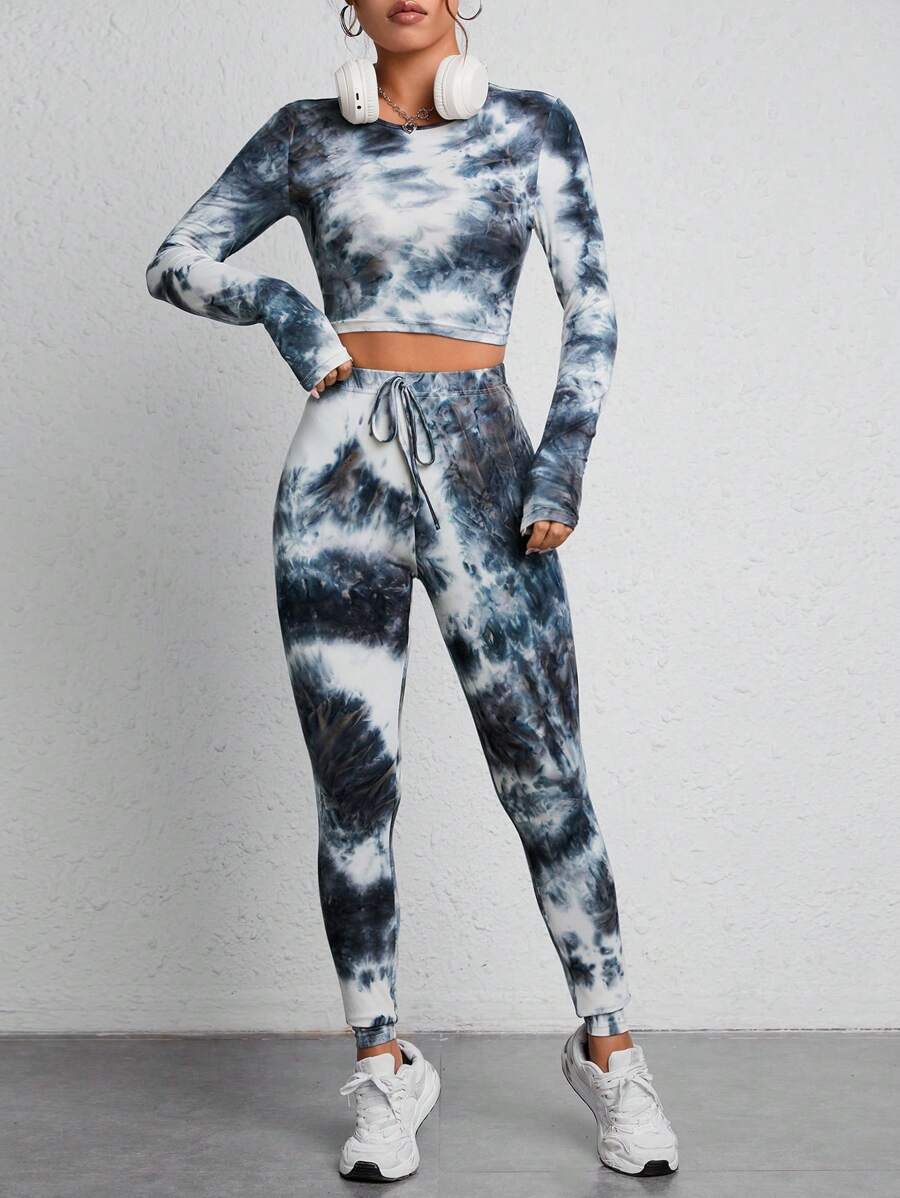 SHEIN PETITE 隨機印花抓染短袖t恤和打結前裝飾抓染打底褲套裝 - 彩色 - 查看 1