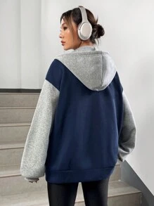 SHEIN EZwear Đồ họa Chữ cái Khối màu Thả vai Hoodie - Màu xanh hải quân - Xem 2