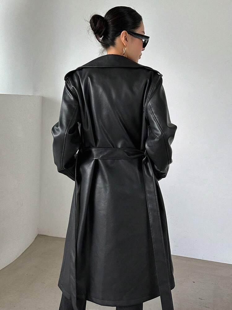 DAZY Lapel Neck Slant Pocket Patent Trench Coat,Fall Clothes Women