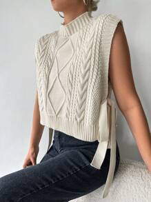 EURMUSE Mock Neck Knot Side Cable Knit Sweater Vest - Beige - View 4