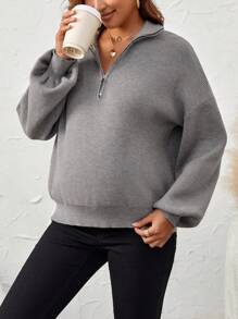 SHEIN Áo len trễ vai nửa khóa kéo cho bà bầu, dành cho mùa đông - màu nâu - Xem 3