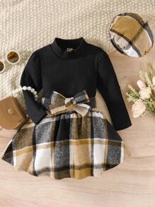 Áo thun cổ cao tay bong bóng cho bé gái 2 chiếc, trang phục váy và mũ in lưới, mềm mại, thoải mái, thời trang - màu đen - Xem 1