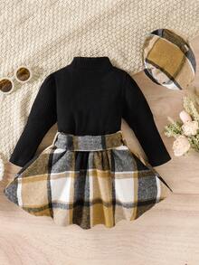 Áo thun cổ cao tay bong bóng cho bé gái 2 chiếc, trang phục váy và mũ in lưới, mềm mại, thoải mái, thời trang - màu đen - Xem 2