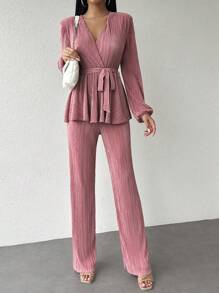 EURMUSE 燈籠袖腰帶上衣和褲子 - 藕粉色 - 查看 1