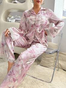 印花蕾絲拼接緞面睡衣套裝 - 粉色 - 查看 3