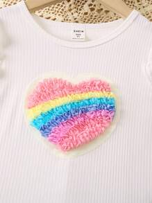 SHEIN 年轻女孩心形印花纹理 T 恤和牛仔效果喇叭裤套装 - 藍白色 - 查看 3