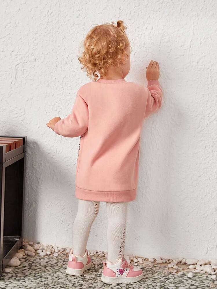 Baby Girl Cute Bear Pattern Long Sleeve Sweatshirt Dress With Crossbody Bag Set