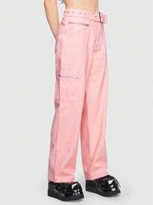 ROMWE Kawaii Zipper Pocket Side Cargo Jeans - Pink - View 5