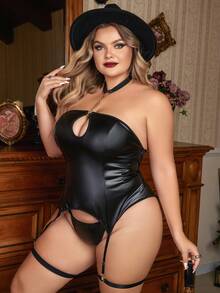 Plus PU Leather Garter Lingerie Set With Choker - Black - View 5