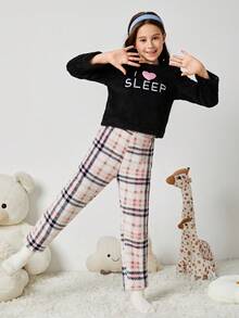 Tween Girl Letter & Plaid Print PJ Set - Multicolor - View 6