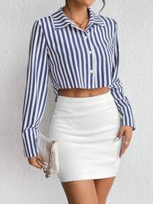 Chiquease In sọc Nút phía trước Mùa vụ Áo sơ mi - Màu xanh lam - Xem 1
