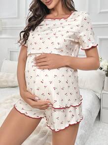 SHEIN Maternity Cherry Print Lettuce Trim Nursing Detail Tee & Shorts PJ Set / Pajama Set