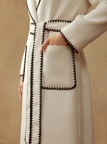 MOTF PREMIUM BELTED WOOL-BLEND CONTRAST STITCH COAT - Beige - View 11