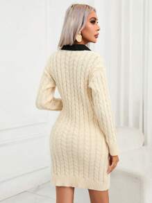 SHEIN Privé Viền tương phản Xoắn Dan Thả vai Đầm Áo len Không có thắt lưng - Màu be - Xem 2