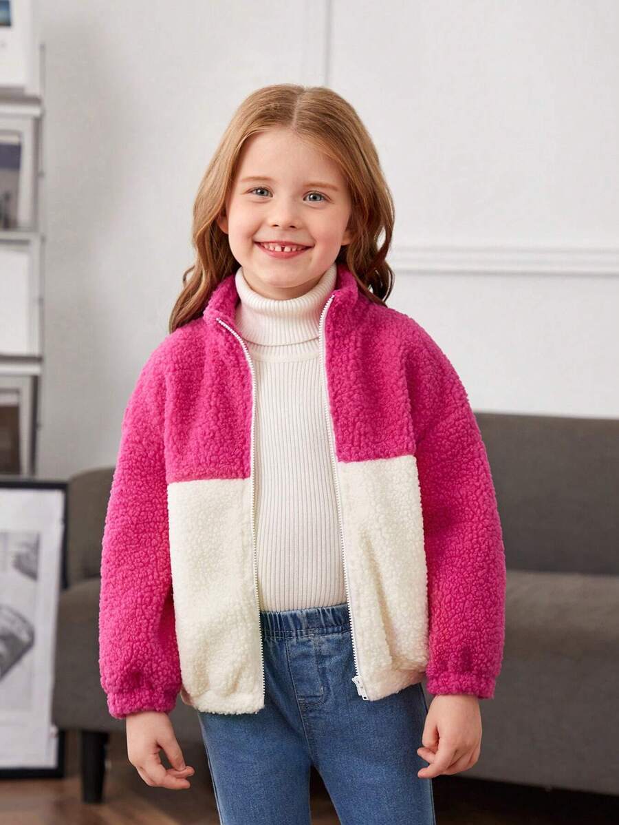 SHEIN 女小童雙色落肩袖毛絨夾克 - 彩色 - 查看 1