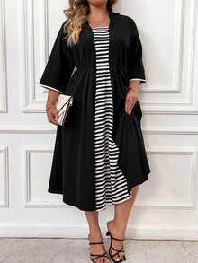SHEIN LUNE 大碼條紋印花洋裝 - 黑色 - 查看 3