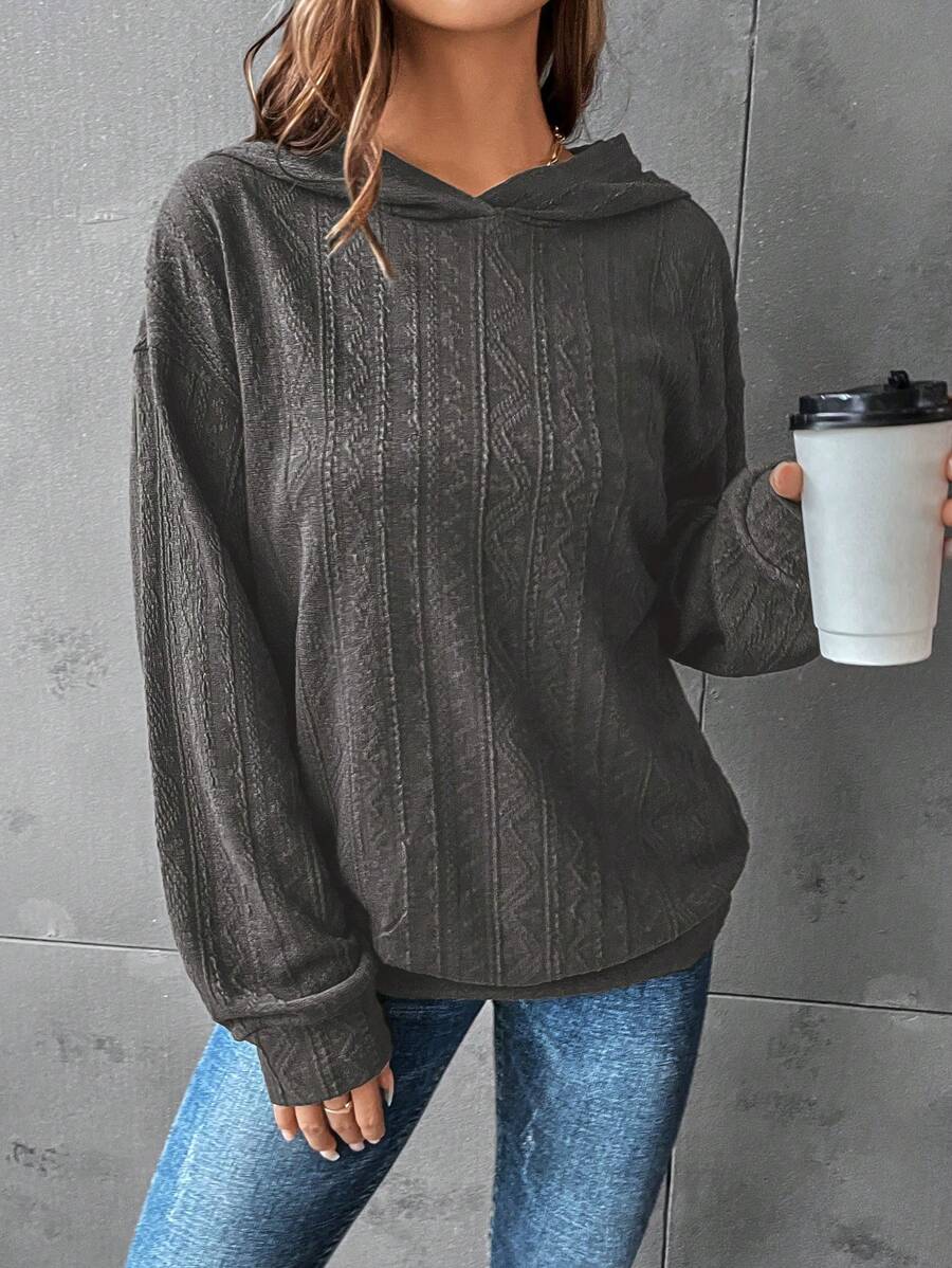 SHEIN LUNE Solid Drop Shoulder Hooded Sweatshirt - Dark Grey - View 1