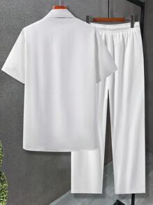 Manfinity Homme Camisa Casual Sólida para Homens e Calça com Cordão na Cintura Sem Camiseta, Presente para Namorado - Branco - Visão 2