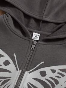 少女蝴蝶印花拉链卫衣，秋冬季 - 深灰色 - 查看 4