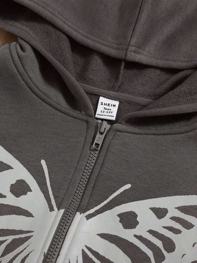 Teen Girl Butterfly Print Zip Up Sweatshirt,In Fall/Winter - Dark Grey - View 4